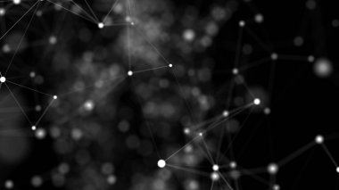 Soyut arka plan, beyaz düz çizgiler ile bağlı beyaz nokta dolu, siyah lekeli zemin üzerinde. Nokta birikimi.