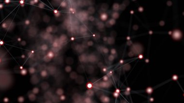 Soyut arka plan, siyah lekeli siyah zemin üzerinde, beyaz düz çizgiler ile bağlı kırmızı nokta dolu. Nokta birikimi.