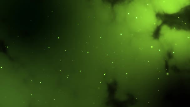 Fondo abstracto de partículas verdes con poca profundidad de campo en la parte superior e inferior de la pantalla. En cámara lenta. Animación. 4K . — Vídeo de stock