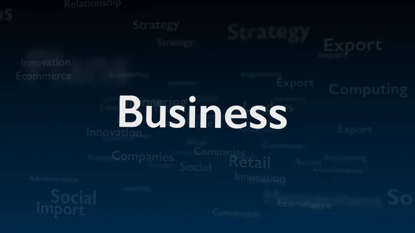 Djupblå bakgrund med olika ord, som handlar om affärer. Närbild. Kopiera utrymme. 3d. — Stockfoto