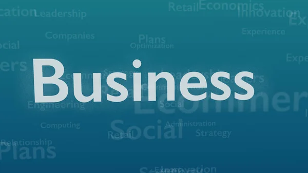 Ljusblå bakgrund med olika ord, som handlar om affärer. Närbild. Kopiera utrymme. 3d. — Stockfoto