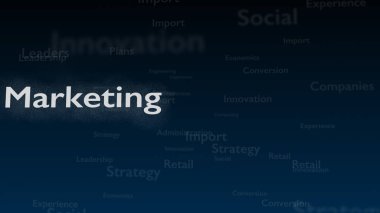 Pazarlama ile ilgili konu kelimeleri ile derin mavi arka plan. Kalın parıldayan sözcük kompozisyonun sol tarafında yer almaktadır. Yakından kapatın. Kopya alanı. 3d.