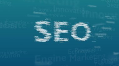 Arama Motoru Optimizasyonu ile anlaşma farklı kelimeler, ile açık mavi arka plan. Kalın kelime kompozisyonun merkezinde yer almaktadır. Yakından kapatın. Kopya alanı. 3d.