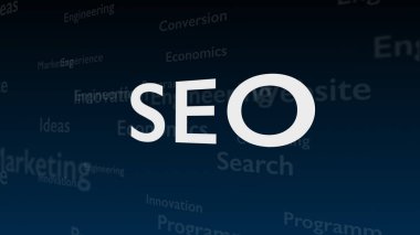 Arama Motoru Optimizasyonu ile anlaşma farklı kelimeler, ile derin mavi arka plan. Kalın parıldayan kelime kompozisyonun merkezinde yer almaktadır. Yakından kapatın. Kopya alanı. 3d.