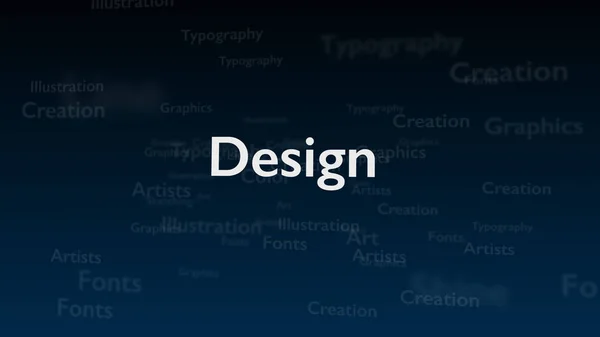 Fondo azul profundo con diferentes palabras, que tratan sobre el diseño. De cerca. Copiar espacio. 3D . — Foto de Stock