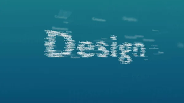 Light blue background with different words, which deal with design. Blurred type super. Design contains a vast of words inside. Close up. Copy space. 3D. — Stock Photo, Image