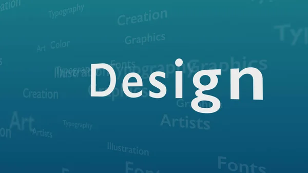 Hellblauer Hintergrund mit verschiedenen Wörtern, die sich mit Design befassen. Nahaufnahme. Kopierraum. 3d. — Stockfoto