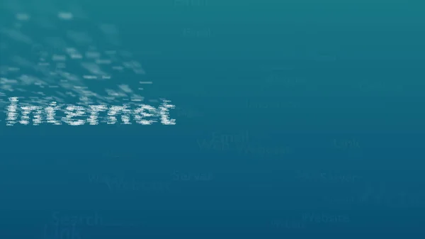 Ljusblå bakgrund med olika ord, som handlar om Internet. Suddig typ Super. Ordet Internet innehåller en lång rad ord inuti. Närbild. Kopiera utrymme. 3d. — Stockfoto