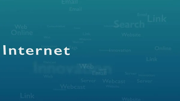 Ljusblå bakgrund med olika ord, som handlar om Internet. Närbild. Kopiera utrymme. 3d. — Stockfoto