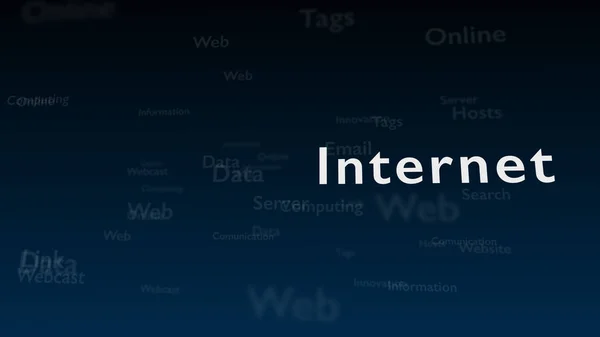 Djupblå bakgrund med olika ord, som handlar om Internet. Bokstäver är på höger sida. Närbild. Kopiera utrymme. 3d. — Stockfoto
