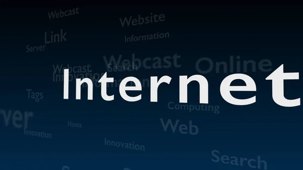 Djupblå bakgrund med olika ord, som handlar om Internet. Närbild. Kopiera utrymme. 3d. — Stockfoto