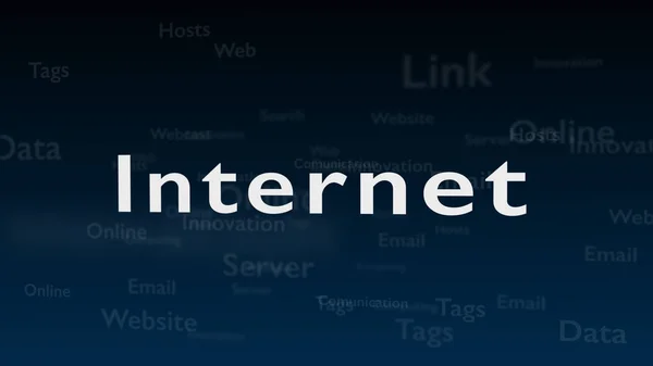 Djupblå bakgrund med olika ord, som handlar om Internet. Närbild. Kopiera utrymme. 3d. — Stockfoto