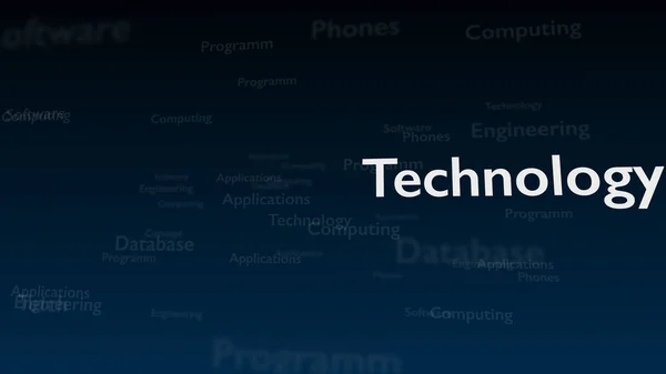 Tiefblauer Hintergrund mit verschiedenen Wörtern, die sich mit Technologie befassen. Nahaufnahme. Kopierraum. 3d. — Stockfoto