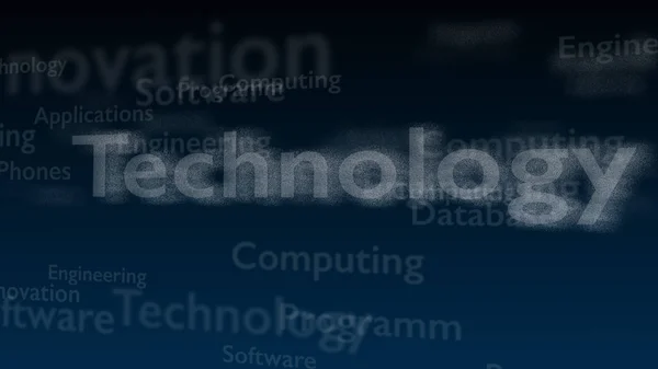 Djupblå bakgrund med olika ord, som handlar om teknik. Närbild. Kopiera utrymme. 3d. — Stockfoto