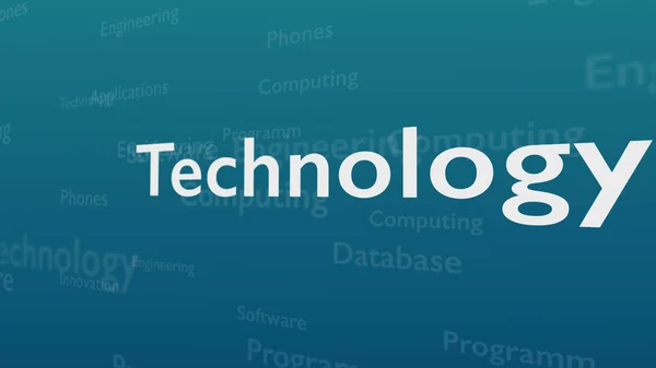 Hellblauer Hintergrund mit verschiedenen Wörtern, die sich mit Technologie befassen. Nahaufnahme. Kopierraum. 3d. — Stockfoto