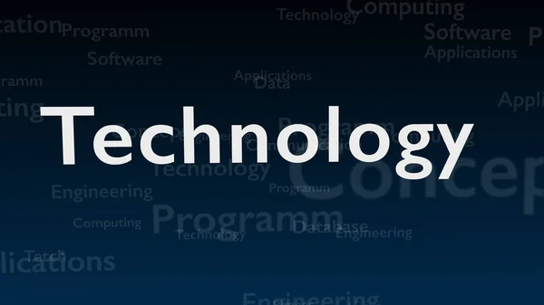 Tiefblauer Hintergrund mit verschiedenen Wörtern, die sich mit Technologie befassen. Nahaufnahme. Kopierraum. 3d. — Stockfoto