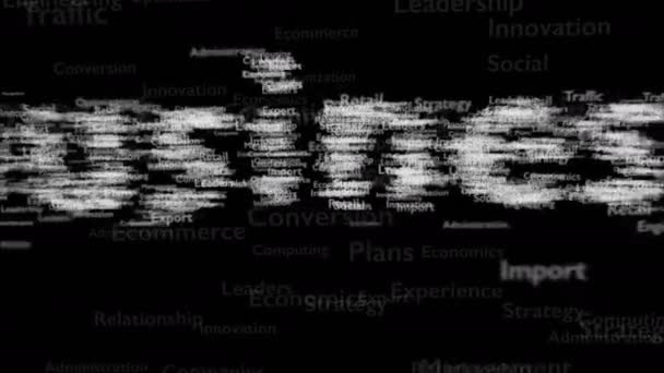 Schwarzer Hintergrund mit verschiedenen Wörtern, die sich mit dem Geschäft befassen. Nahaufnahme. Kopierraum. 3d. animatiom. 4k. — Stockvideo