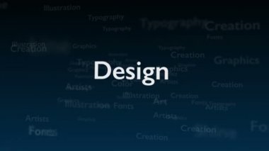 Tasarım ile ilgili farklı kelimeler, ile derin mavi arka plan. Yakından kapatın. Kopya alanı. 3d. Animatiom. 4k.