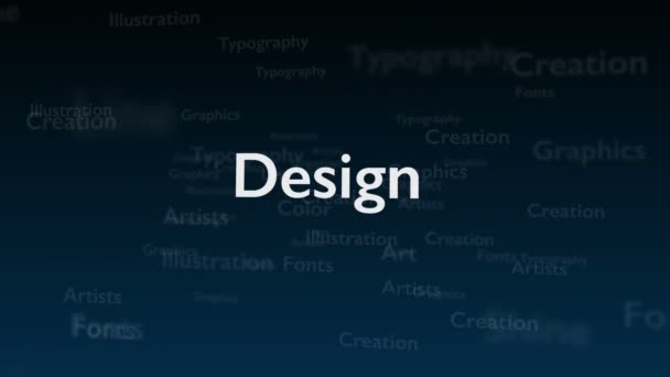 Tiefblauer Hintergrund mit verschiedenen Wörtern, die mit Design zu tun haben. Nahaufnahme. Kopierraum. 3d. animatiom. 4k. — Stockvideo