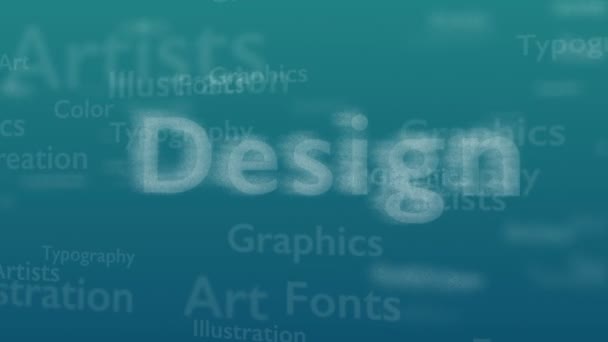 Ljusblå bakgrund med olika ord, som handlar om design. Närbild. Kopiera utrymme. 3D. Animatiom. 4K. — Stockvideo