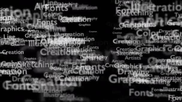 Black background with different words, which deal with design. Close up. Copy space. 3D. Animatiom. 4K. — Stock Video