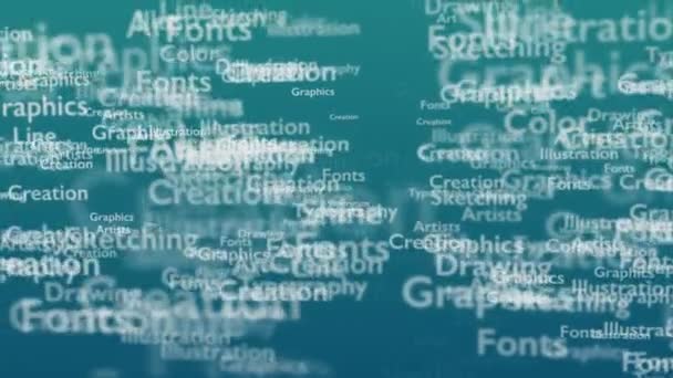 Hellblauer Hintergrund mit verschiedenen Wörtern, die sich mit Design befassen. Nahaufnahme. Kopierraum. 3d. animatiom. 4k. — Stockvideo