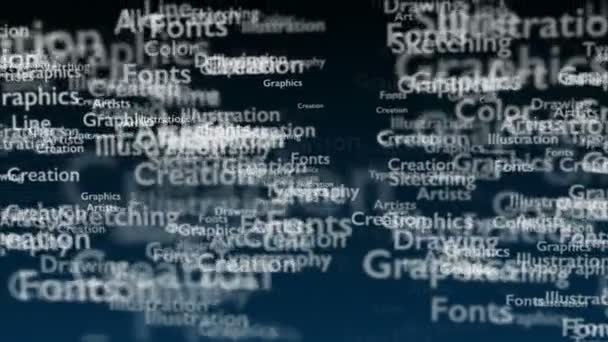 Djupblå bakgrund med olika ord, som handlar om design. Närbild. Kopiera utrymme. 3D. Animatiom. 4K. — Stockvideo