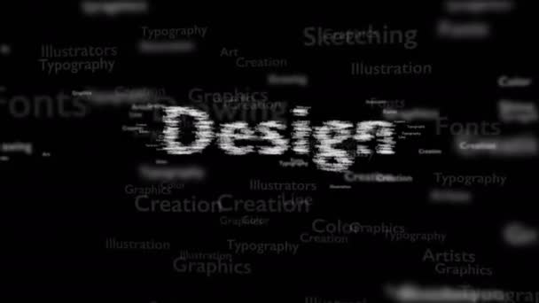 Sfondo nero con parole diverse, che si occupano di design. Chiudete. Ricevuto. 3D. Animatiom. 4K . — Video Stock