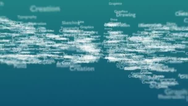 Ljusblå bakgrund med olika ord, som handlar om design. Närbild. Kopiera utrymme. 3D. Animatiom. 4K. — Stockvideo