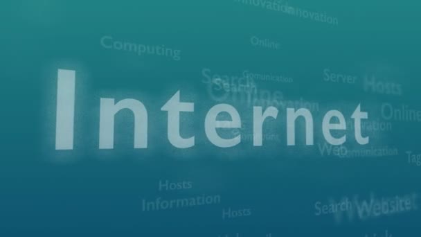 Ljusblå bakgrund med olika ord, som handlar om Internet. Nyckelordet visar och vänder sig från föga viktigt. Närbild. Kopiera utrymme. 3D. animation. — Stockvideo