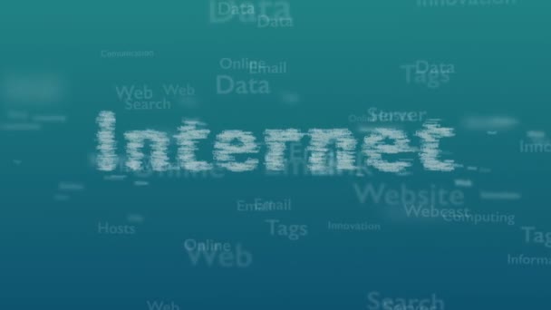 Light blue background with different words, which deal with internet. Close up. Copy space. 3D. Animation. — Stock Video