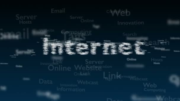 Fond bleu profond avec des mots différents, qui traitent de l'Internet. Ferme là. Espace de copie. 3D. Animation .