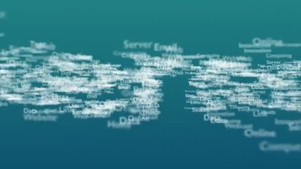Ljusblå bakgrund med olika ord, som handlar om Internet. Närbild. Kopiera utrymme. 3D. animation. — Stockvideo
