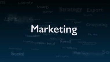 Pazarlama ile ilgili konu kelimeleri ile derin mavi arka plan. Kalın kelime kompozisyonun merkezinde yer almaktadır. Yakından kapatın. Kopya alanı. 3d. Animatiom. 4k.