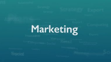 Pazarlama ile ilgili konu kelimeleri ile Açık mavi arka plan. Kalın kelime kompozisyonun merkezinde yer almaktadır. Yakından kapatın. Kopya alanı. 3d. Animatiom. 4k.