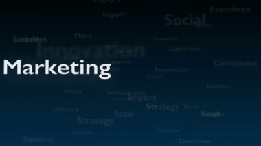 Pazarlama ile ilgili konu kelimeleri ile derin mavi arka plan. Kalın sözcük kompozisyonun sol tarafında yer almaktadır. Yakından kapatın. Kopya alanı. 3d. Animatiom. 4k.