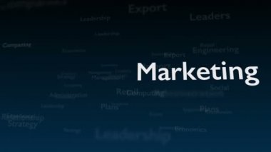 Pazarlama ile ilgili konu kelimeleri ile derin mavi arka plan. Kalın sözcük kompozisyonun sağ tarafında yer almaktadır. Yakından kapatın. Kopya alanı. 3d. Animatiom. 4k.