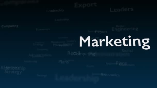 Fond bleu profond avec des mots-matières, qui traitent de marketing. Le mot gras est situé dans le côté droit de la composition. Ferme là. Espace de copie. 3D. Animatiom. 4K .