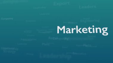 Pazarlama ile ilgili konu kelimeleri ile Açık mavi arka plan. Kalın sözcük kompozisyonun sağ tarafında yer almaktadır. Yakından kapatın. Kopya alanı. 3d. Animatiom. 4k.