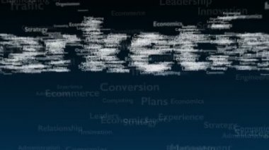 Pazarlama ile ilgili konu kelimeleri ile derin mavi arka plan. Kalın kelime kompozisyonun merkezinde yer almaktadır. Yakından kapatın. Kopya alanı. 3d. Animatiom. 4k.