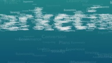 Pazarlama ile ilgili konu kelimeleri ile Açık mavi arka plan. Kalın kelime kompozisyonun merkezinde yer almaktadır. Yakından kapatın. Kopya alanı. 3d. Animatiom. 4k.