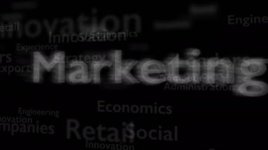 Pazarlama ile ilgili konu kelimeleri ile Siyah arka plan. Kalın kelime kompozisyonun merkezinde yer almaktadır. Yakından kapatın. Kopya alanı. 3d. Animatiom. 4k.