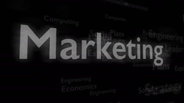 Pazarlama ile ilgili konu kelimeleri ile Siyah arka plan. Kalın kelime kompozisyonun merkezinde yer almaktadır. Yakından kapatın. Kopya alanı. 3d. Animatiom. 4k.