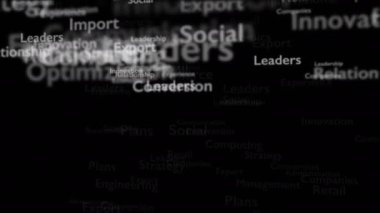 Pazarlama ile ilgili konu kelimeleri ile Siyah arka plan. Kalın kelime kompozisyonun merkezinde yer almaktadır. Yakından kapatın. Kopya alanı. 3d. Animatiom. 4k.