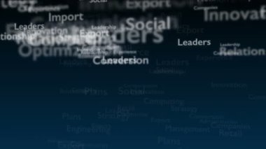 Pazarlama ile ilgili konu kelimeleri ile derin mavi arka plan. Kalın kelime kompozisyonun merkezinde yer almaktadır. Yakından kapatın. Kopya alanı. 3d. Animatiom. 4k.