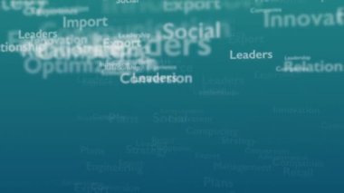 Pazarlama ile ilgili konu kelimeleri ile Açık mavi arka plan. Kalın kelime kompozisyonun merkezinde yer almaktadır. Yakından kapatın. Kopya alanı. 3d. Animatiom. 4k.