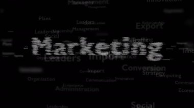 Pazarlama ile ilgili konu kelimeleri ile Siyah arka plan. Kalın sözcük bağlı kavram sözcüklerinden görünür. Yakından kapatın. Kopya alanı. 3d. Animatiom. 4k.