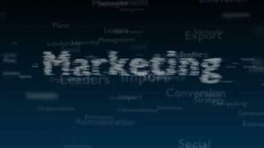 Pazarlama ile ilgili konu kelimeleri ile derin mavi arka plan. Kalın sözcük bağlı kavram sözcüklerinden görünür. Yakından kapatın. Kopya alanı. 3d. Animatiom. 4k.