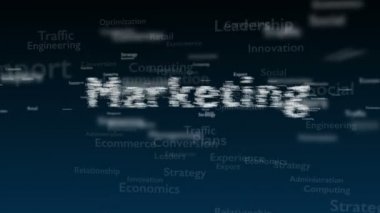 Pazarlama ile ilgili konu kelimeleri ile derin mavi arka plan. Kalın sözcük bağlı kavram sözcüklerinden görünür. Yakından kapatın. Kopya alanı. 3d. Animatiom. 4k.