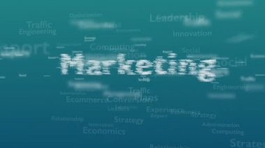 Pazarlama ile ilgili konu kelimeleri ile Açık mavi arka plan. Kalın sözcük bağlı kavram sözcüklerinden görünür. Yakından kapatın. Kopya alanı. 3d. Animatiom. 4k.